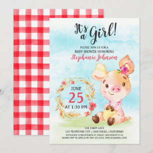 Waterverf Meisje Piggy Baby shower Boerderij Invit Kaart