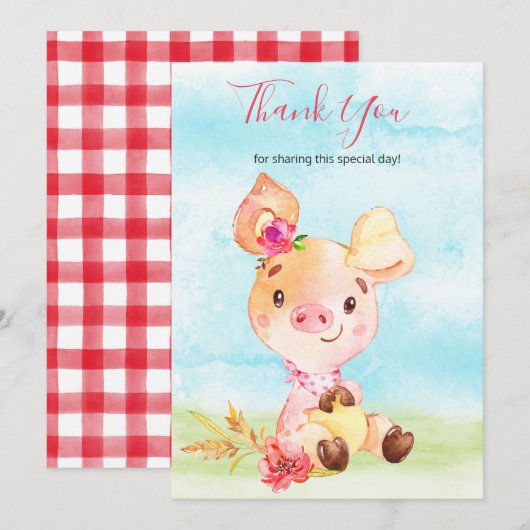 Waterverf Meisje Piggy Boerderij Dank u Bedankkaart (Voorkant / Achterkant)