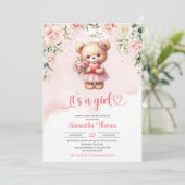 Waterverf meisje teddybeer met hart en bloemen kaart (Staand voorkant)