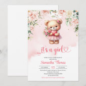 Waterverf meisje teddybeer met hart en bloemen kaart (Voorkant / Achterkant)