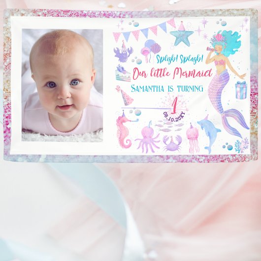 Waterverf Meisje Zeemeermin 1e Verjaardag Party Ba Spandoek