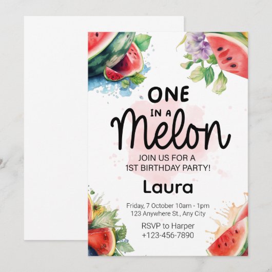 Waterverf meloen - 1e Verjaardagsfeestuitnodiging Kaart (Voorkant / Achterkant)