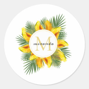 Waterverf Melon Tropical Leaves Wreatmonogram Ronde Sticker