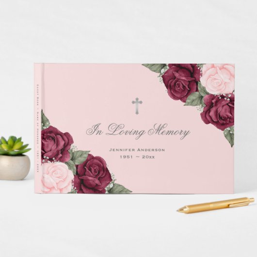 Waterverf Memorial Red Pink Floral Funeral Gastenboek (Insitu Display)