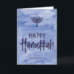 Waterverf Menorah Folded Hanukkah Card Feestdagen Kaart<br><div class="desc">Een was van waterige blauw dient als subtiele achtergrond voor deze getextureerde menorah illustratie en inky, met de hand geschreven Happy Hanukkah-tekst. Vergeet niet de voorkant te personaliseren met jouw naam tekst. Voeg een persoonlijke aanraking aan de binnenkant van deze gevouwen kaart met de "pas het"opties aan en verander alles...</div>
