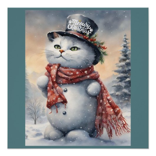 Waterverf Meowy Kerst Schattige Kat Sneeuwman Perfect Poster (Voorkant)