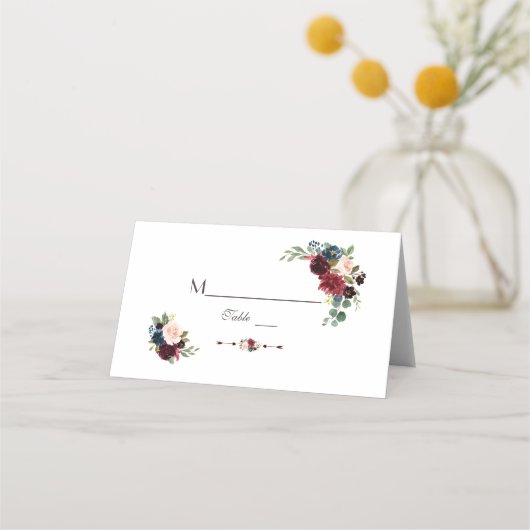 Waterverf Merlot Navy Blauwe Bloem Tafel Nummer Plaatskaartje (Voorkant)