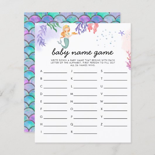 Waterverf Mermaid Baby shower Game Name (Voorkant / Achterkant)