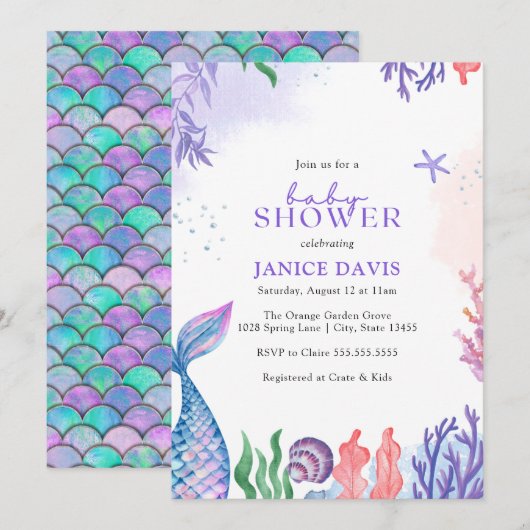 Waterverf Mermaid Baby shower Invitation Kaart (Voorkant / Achterkant)