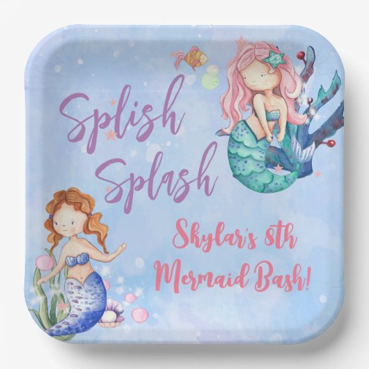 Waterverf Mermaid Bash Birthday Paper Borden Papieren Bordje (Voorkant)