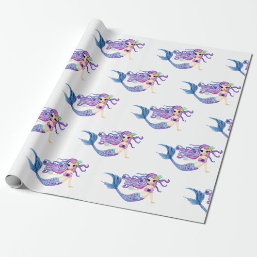 Waterverf Mermaid Birthday Party Cadeaupapier (Uitgerold)