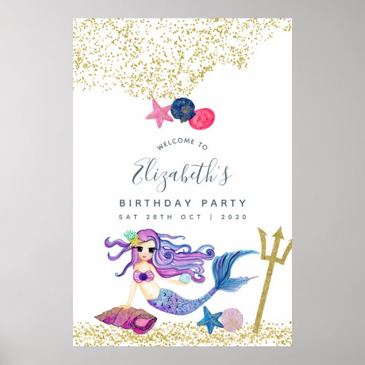 Waterverf Mermaid Birthday Party Welkom Poster (Voorkant)