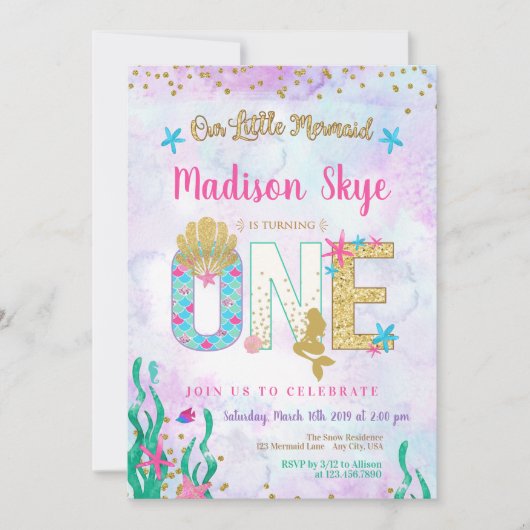 Waterverf Mermaid First Birthday Invitation Kaart (Voorkant)