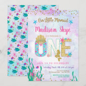 Waterverf Mermaid First Birthday Invitation Kaart (Voorkant / Achterkant)