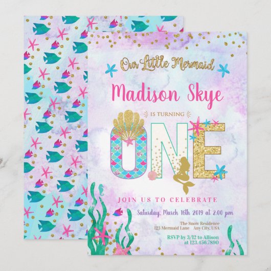 Waterverf Mermaid First Birthday Invitation Kaart (Voorkant / Achterkant)