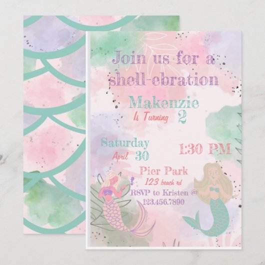 Waterverf Mermaid-uitnodiging Kaart (Voorkant / Achterkant)