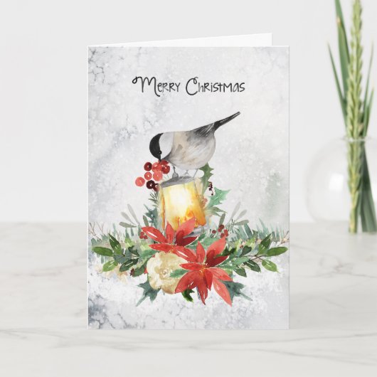 Waterverf Merry Chickadee Kerst Wenskaart Kaart (Voorkant)