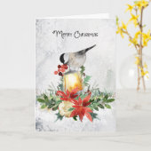 Waterverf Merry Chickadee Kerst Wenskaart Kaart (Gele Bloem)