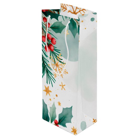 Waterverf Merry Christmas Gift Bag – Elegant Wijn Cadeautas (Achterkant Gekanteld)