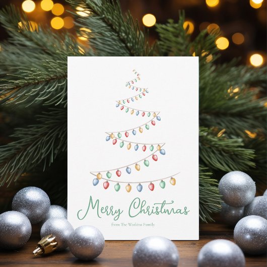 Waterverf Merry Christmas Lights Tree Modern Feestdagenkaart