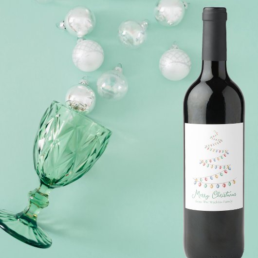 Waterverf Merry Christmas Lights Tree Modern Wijn Etiket