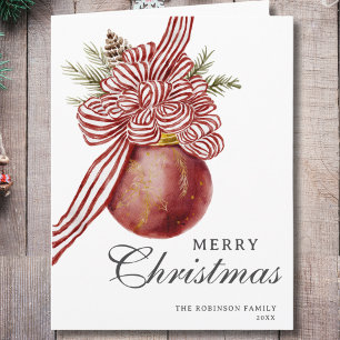 Waterverf Merry Christmas Striped Bow Ornament Kaart