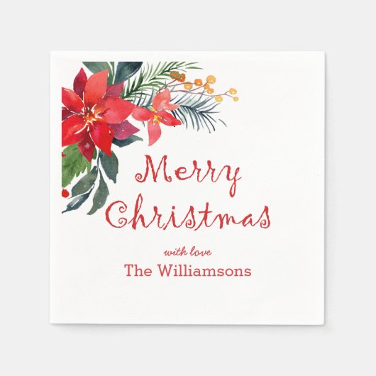 Waterverf Merry Kerstmis Poinsettia Servet (Voorkant)