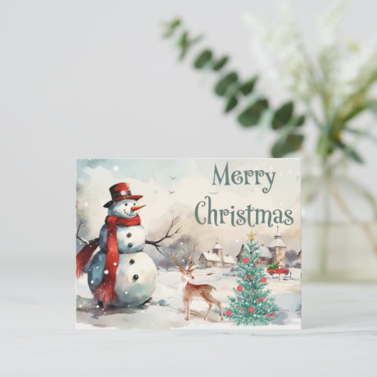 Waterverf Merry Kerstmis Snowman Feestdagenkaart (Staand voorkant)