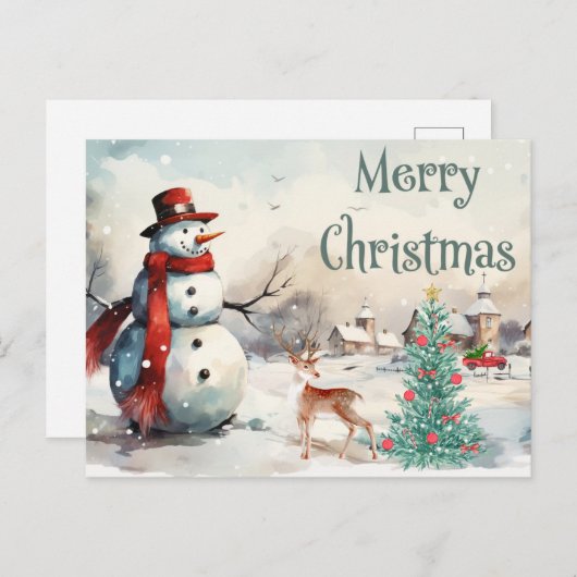 Waterverf Merry Kerstmis Snowman Feestdagenkaart (Voorkant / Achterkant)