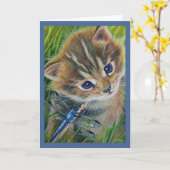 Waterverf met bruin Tabby Kitten en Dragonfly Kaart (Gele Bloem)
