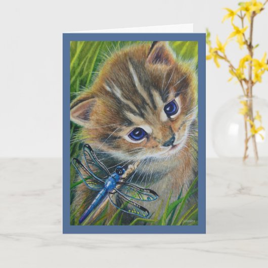 Waterverf met bruin Tabby Kitten en Dragonfly Kaart (Gele Bloem)