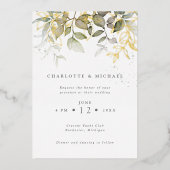 Waterverf met gouden bladeren en naaldbladeren folie uitnodiging (Voorkant)