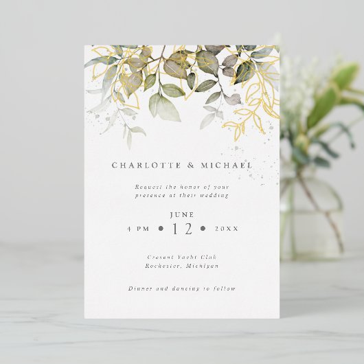 Waterverf met gouden bladeren en naaldbladeren folie uitnodiging (Staand Voorkant)