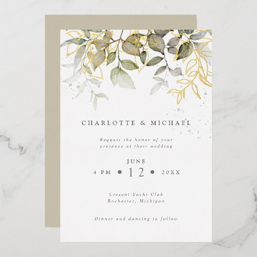 Waterverf met gouden bladeren en naaldbladeren folie uitnodiging (Voorkant / Achterkant)