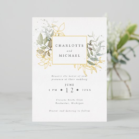 Waterverf met gouden en groene bladeren folie uitnodiging (Staand Voorkant)