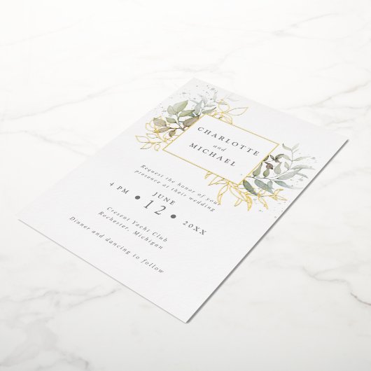 Waterverf met gouden en groene bladeren folie uitnodiging (Gedraaid)