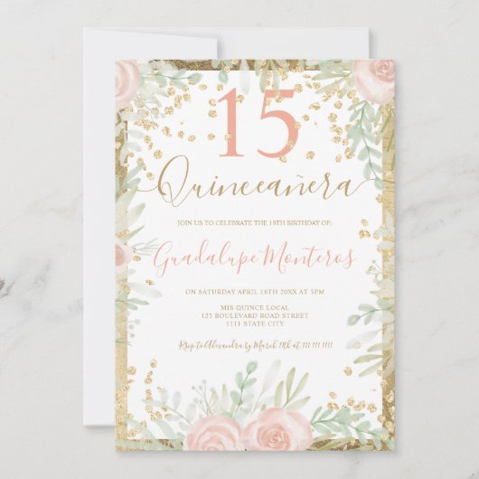 Waterverf met goudroze bloem Quinceanera Kaart (Voorkant)