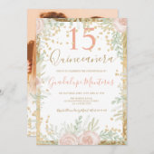 Waterverf met goudroze bloem Quinceanera Kaart (Voorkant / Achterkant)