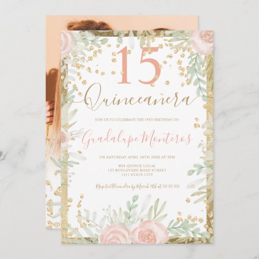 Waterverf met goudroze bloem Quinceanera Kaart (Voorkant / Achterkant)