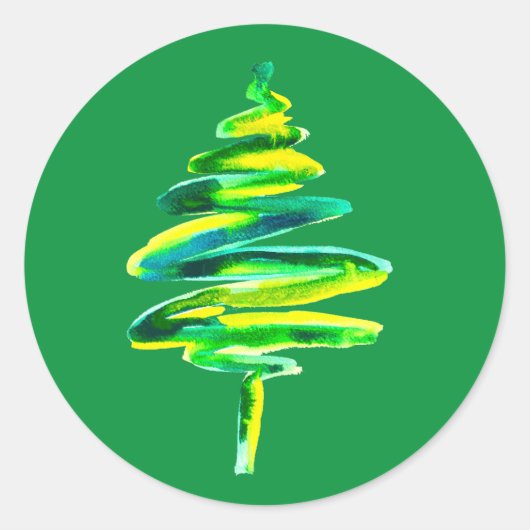 Waterverf met groene kerstbomen ronde sticker (Voorkant)