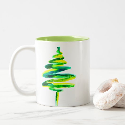 Waterverf met groene kerstbomen tweekleurige koffiemok (Met donut)
