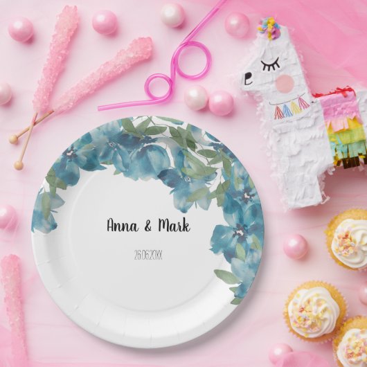 Waterverf met handbeschilderde blauwe Floral Fusio Papieren Bordje (Feest)