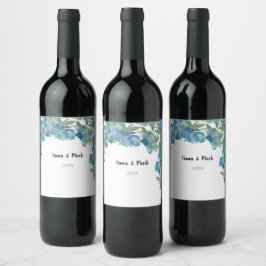 Waterverf met handbeschilderde blauwe Floral Fusio Wijn Etiket