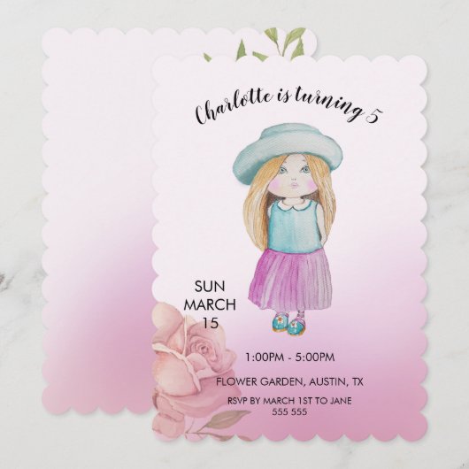 Waterverf met handbeschilderde cute doll feestdagenkaart (Voorkant / Achterkant)