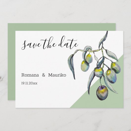 Waterverf met handbeschilderde magische olijven save the date (Voorkant / Achterkant)