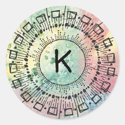 Waterverf met handtekening cirkellijnen uitbarstin ronde sticker (Voorkant)