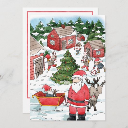 Waterverf met het kerstdorp Zweeds Tomten Feestdagenkaart (Voorkant / Achterkant)