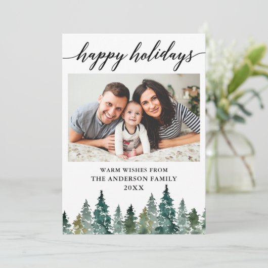 Waterverf met kalligrafie Pine Trees Foto Feestdagenkaart (Staand voorkant)