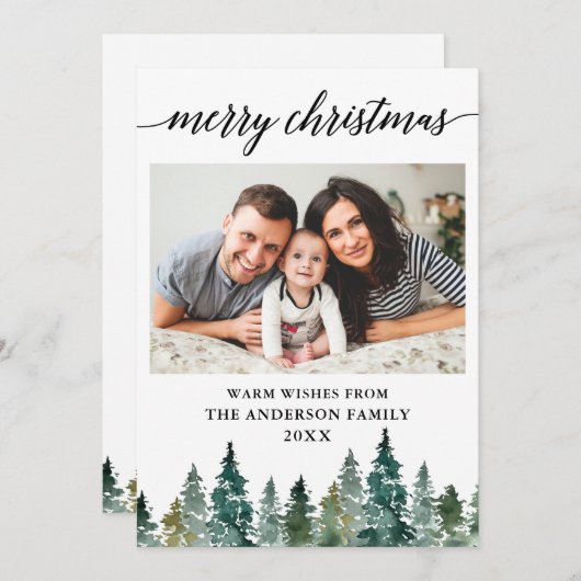 Waterverf met kalligrafie Pine Trees met kerstmis Feestdagenkaart (Voorkant / Achterkant)