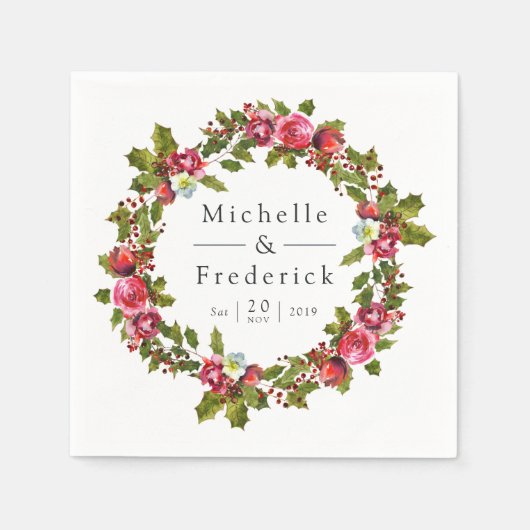 Waterverf met kerstbruiloft Floral Holly Servet (Voorkant)